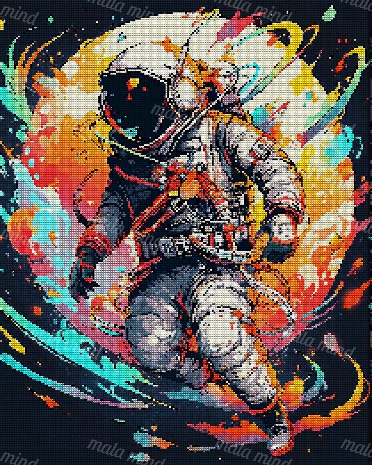 Comic-style astronaut in a detailed spacesuit floating amid colorful swirling cosmic forms. — 04_diamond_render
