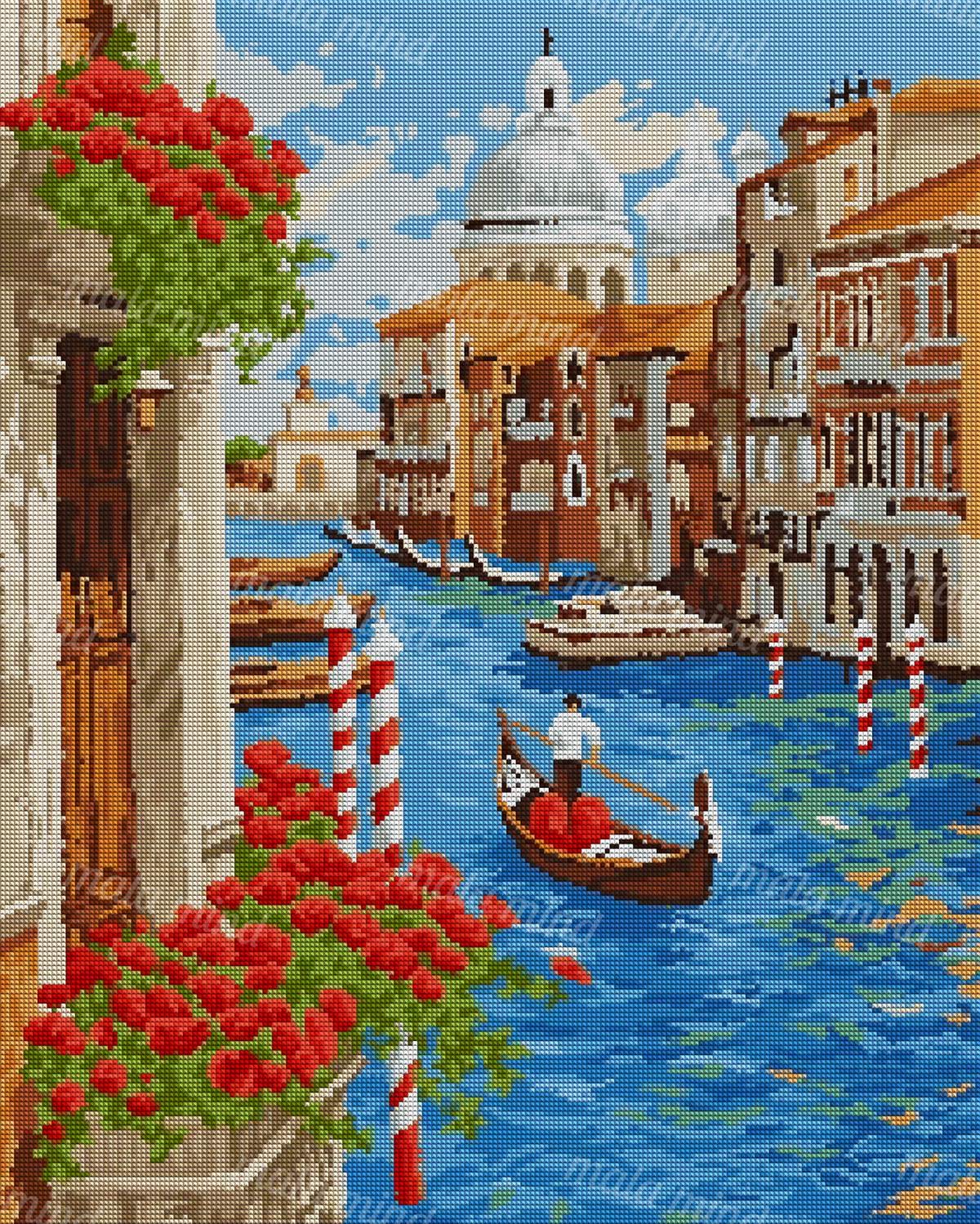 Painterly Venetian canal with gondola, domed buildings, striped poles, blue water, and red flowers — 04_diamond_render