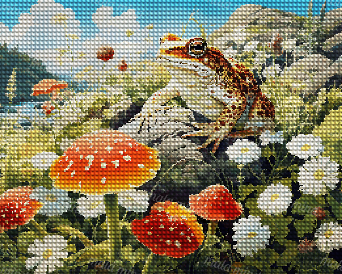 Spotted frog perched on rocks among red mushrooms and white daisies in a mountain meadow — 04_diamond_render