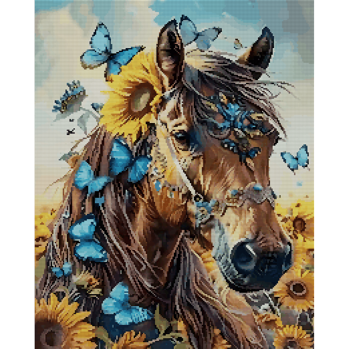 Brown horse portrait with flowing mane, sunflowers, and blue butterflies against a pale blue sky — 04_diamond_render