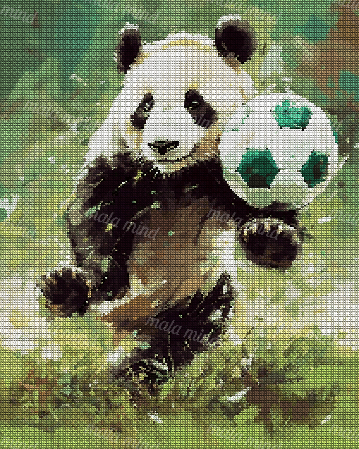 Painterly giant panda holding a white-and-green soccer ball in a grassy setting — 04_diamond_render