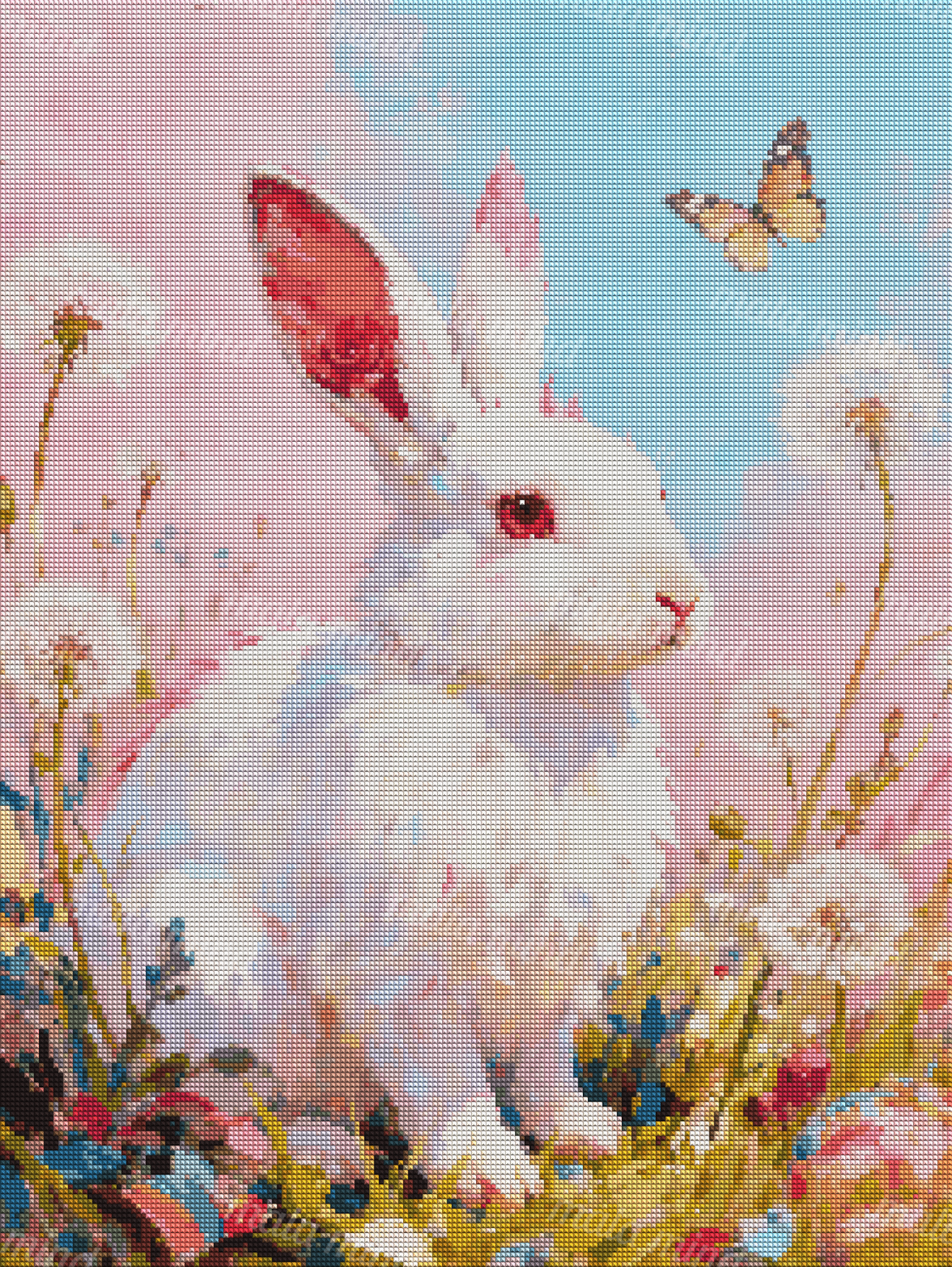 White rabbit in a colorful flower meadow with dandelions and a butterfly — 04_diamond_render