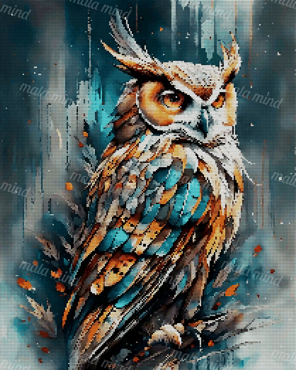 Colorful owl with bright orange eyes perched on a branch against a teal abstract forest background — 04_diamond_render