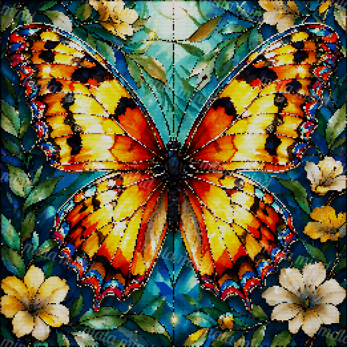 Orange butterfly with flowers and green leaves in a colorful stained-glass design — 04_diamond_render