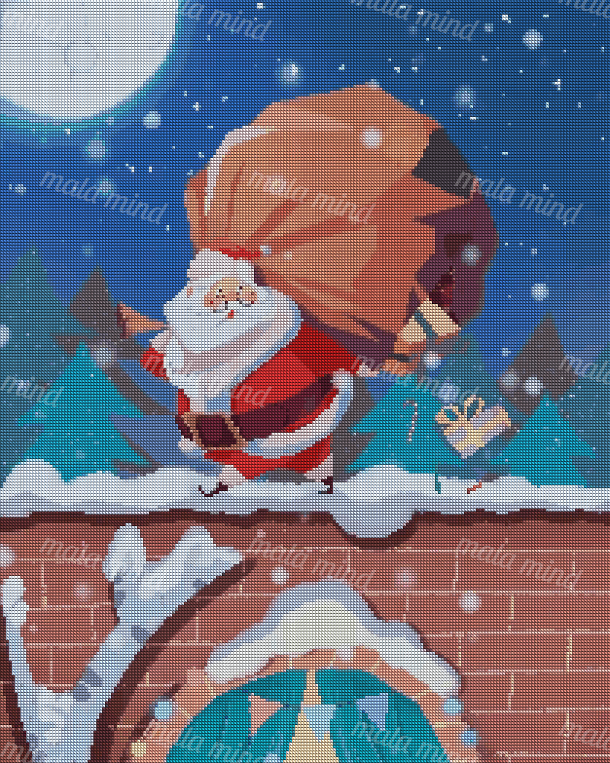 Cartoon Santa carrying a large sack across a snowy rooftop beneath a starry moonlit Christmas sky — 04_diamond_render
