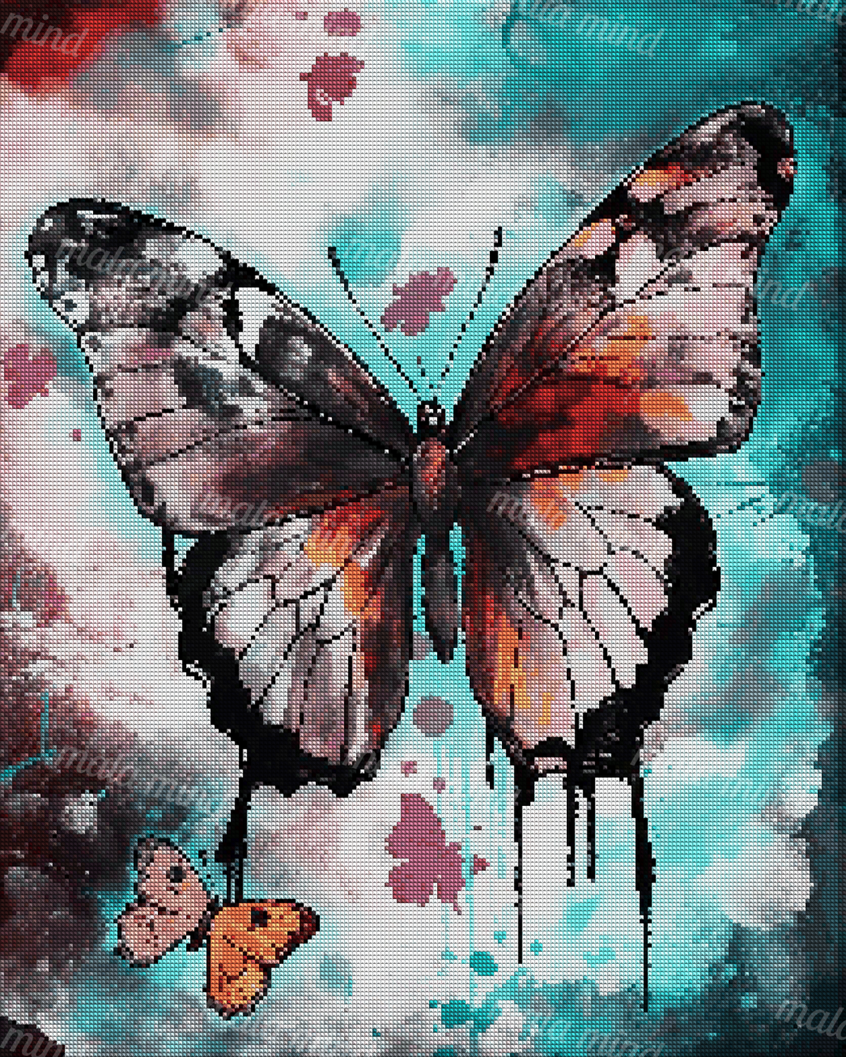 Large patterned butterfly with a smaller orange butterfly against a turquoise abstract painted background — 04_diamond_render