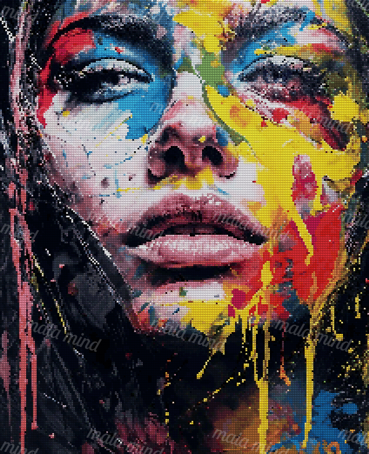 Close-up woman portrait with dark hair, dramatic eyes, and vivid multicolored paint splashes and drips — 04_diamond_render