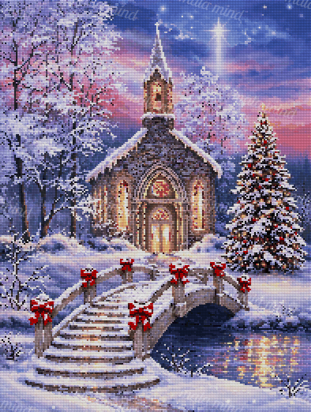 Snow-covered Christmas chapel with glowing windows, decorated tree, red-bowed bridge, and reflective stream — 04_diamond_render