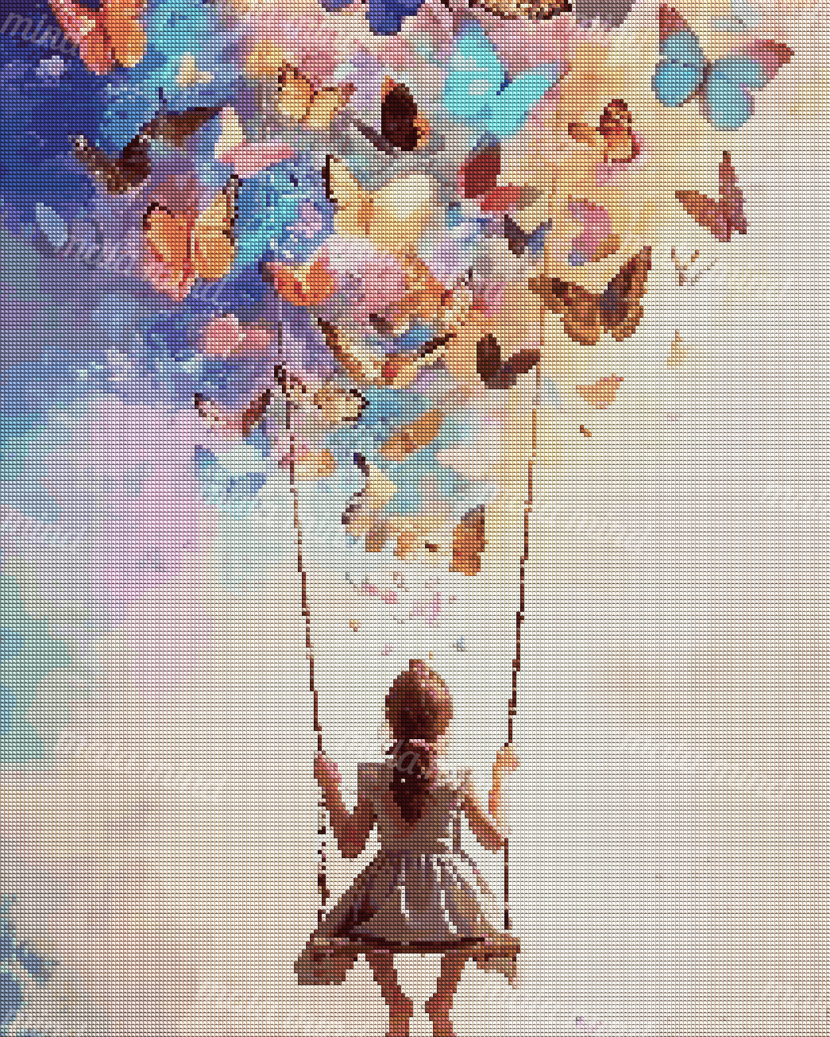 Back-facing girl in a gray dress on a swing surrounded by colorful butterflies — 04_diamond_render