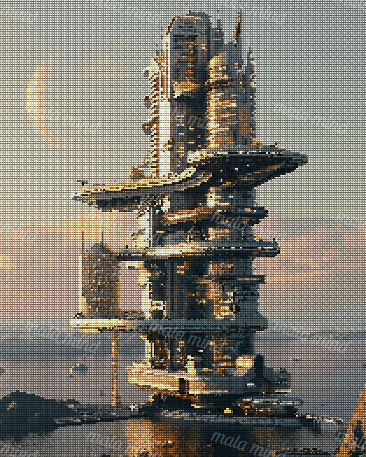Futuristic illuminated tower with stacked platforms above a waterfront, mountains, airborne vehicles, and a large moon — 04_diamond_render