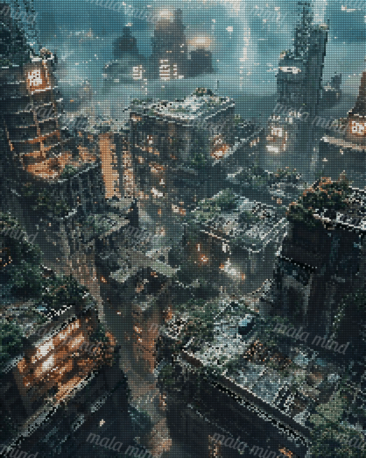 Rainy futuristic city viewed from above, with glowing windows and greenery covering layered rooftops. — 04_diamond_render