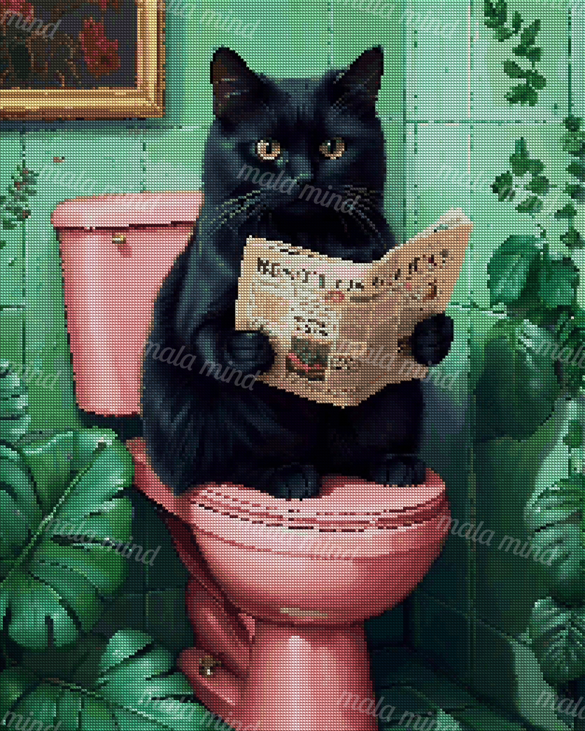 Black cat reading a newspaper while seated on a pink toilet in a leafy green bathroom. — 04_diamond_render