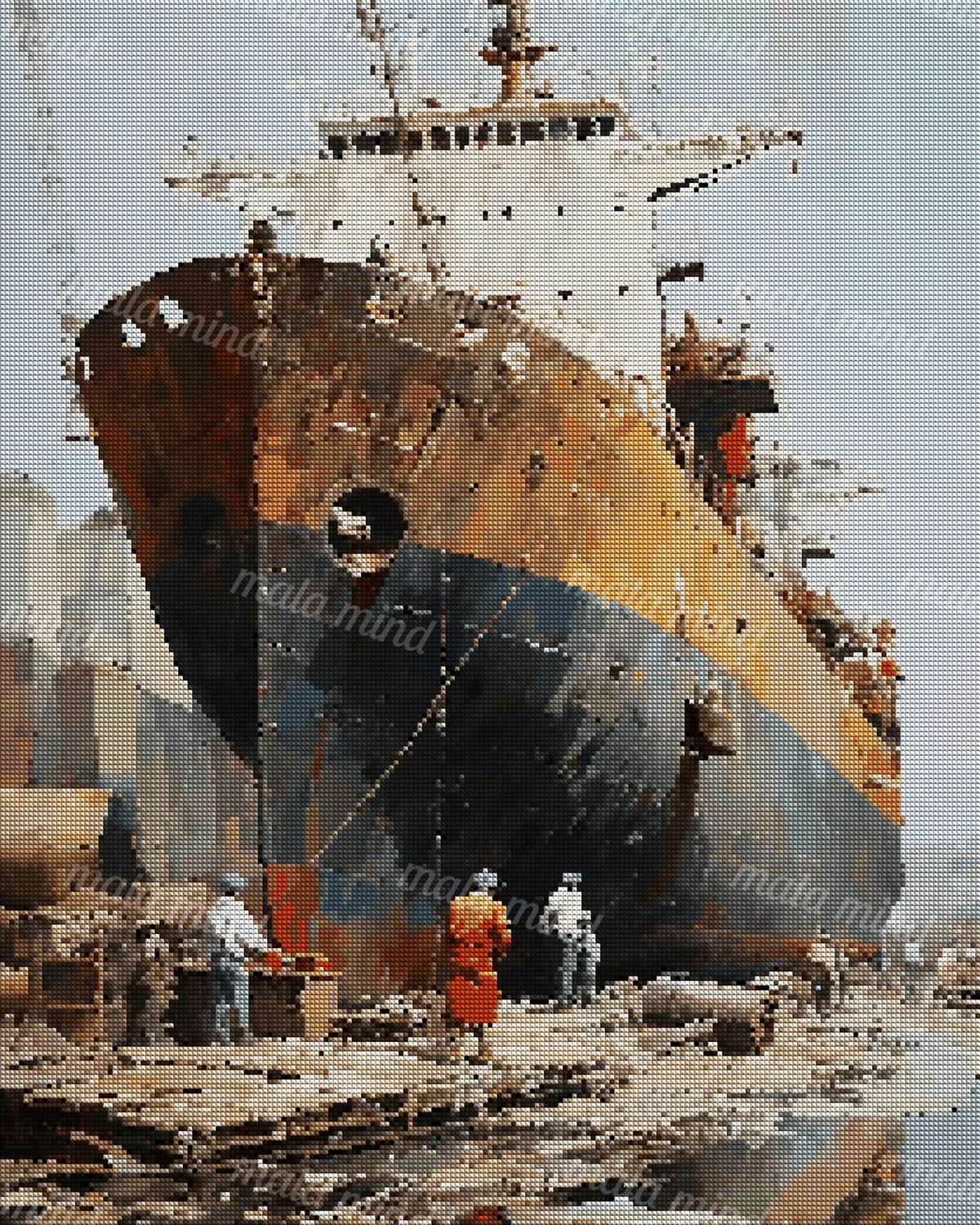 Towering weathered cargo ship with workers on a busy industrial shipyard dock — 04_diamond_render