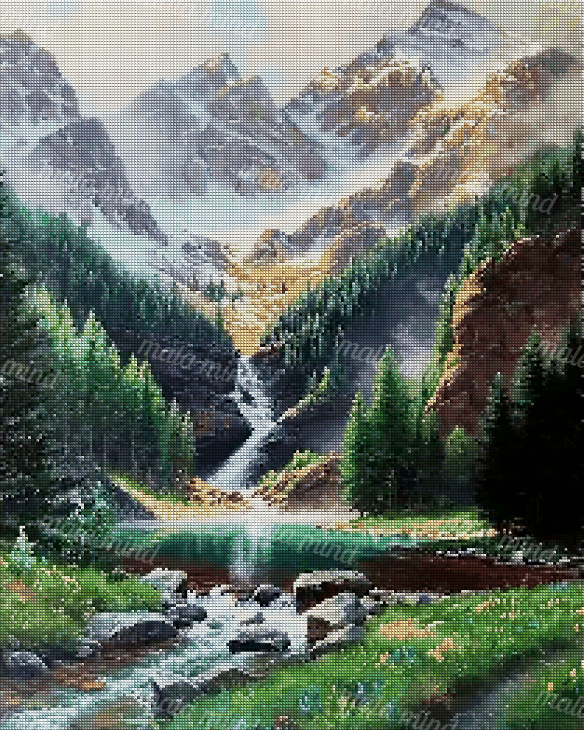 Painterly mountain landscape with a waterfall, evergreen forest, turquoise pool, snowy peaks, and rocky stream — 04_diamond_render