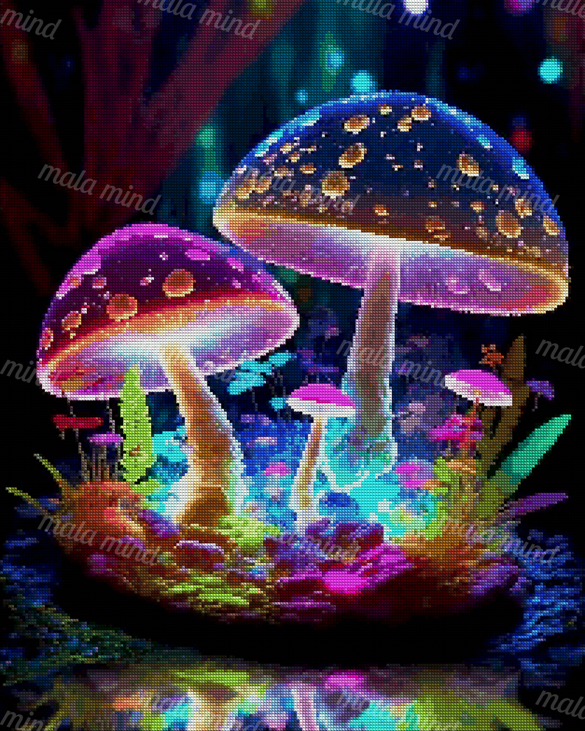 Colorful glowing mushrooms surrounded by ferns and plants in a dark fantasy forest with water reflection — 04_diamond_render