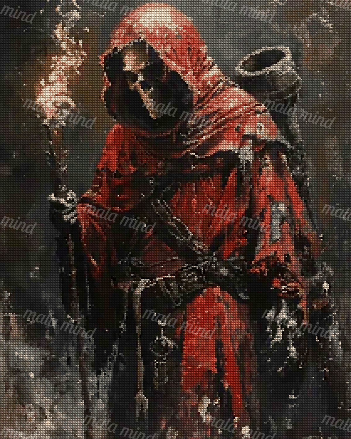 Dark fantasy figure in a red hooded cloak holding a staff against a shadowy background — 04_diamond_render