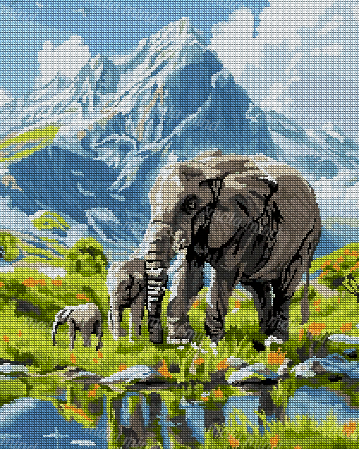 Elephant family in a flower-filled meadow with a reflective pond and snow-capped mountain — 04_diamond_render