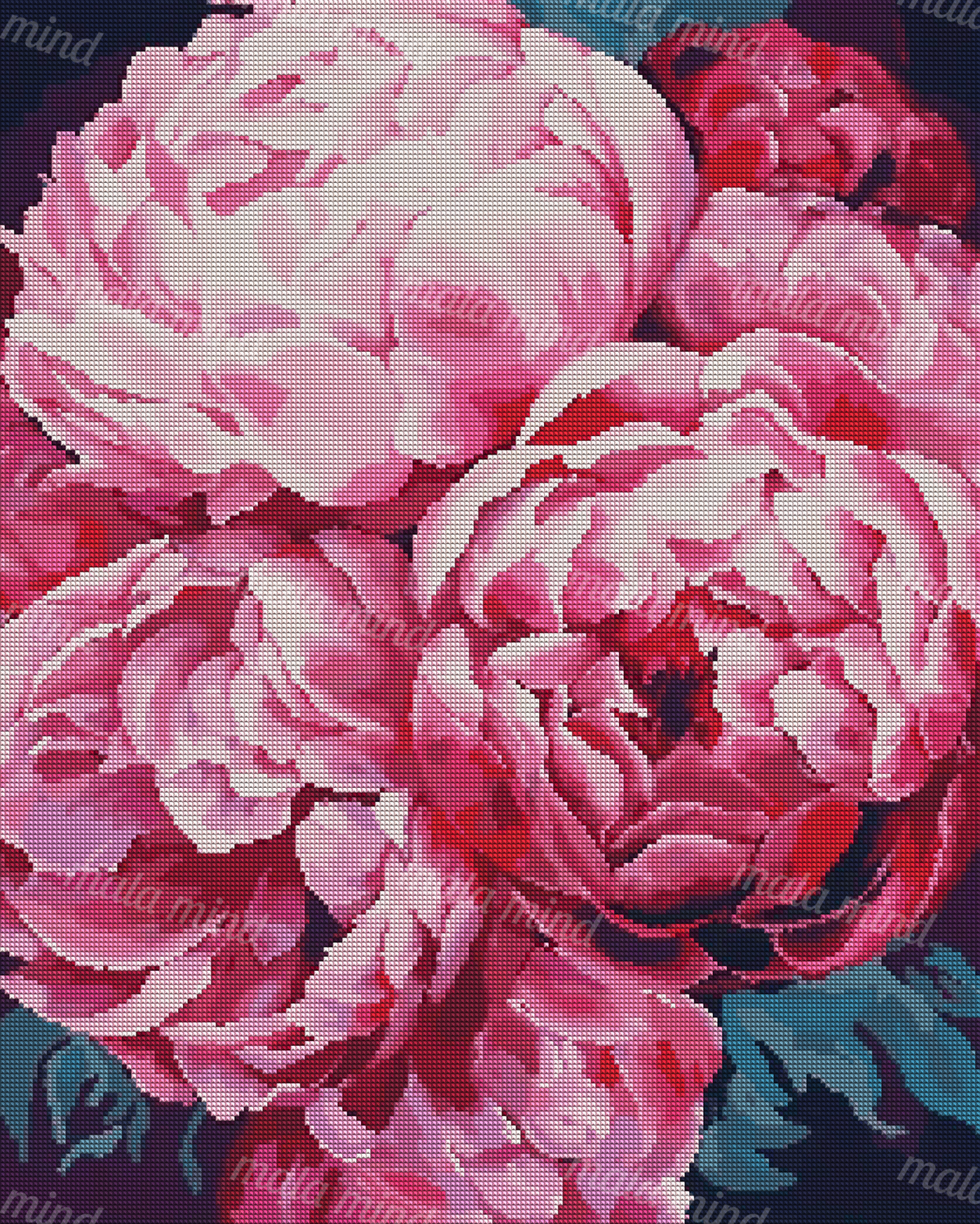 Close-up illustration of large layered pink peony flowers with dark teal foliage — 04_diamond_render