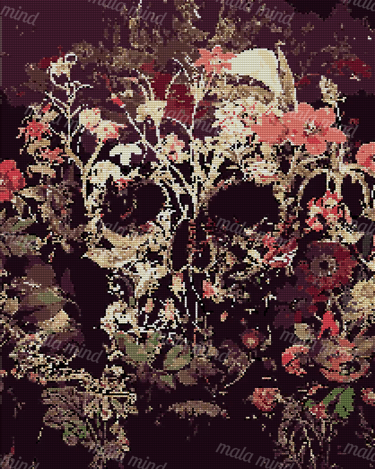 Dense coral, cream, and red flowers with foliage layered over a dark burgundy background — 04_diamond_render
