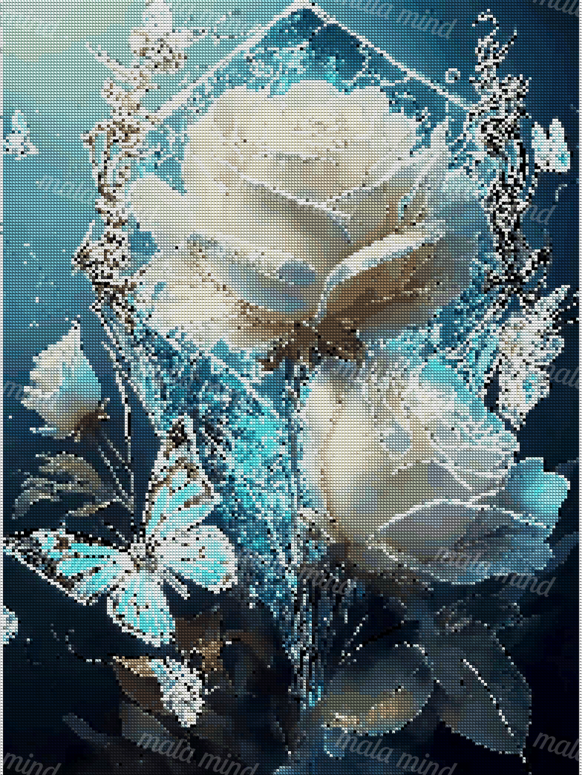 Cream roses and turquoise butterflies surrounded by ornate scrollwork on a deep teal background — 04_diamond_render