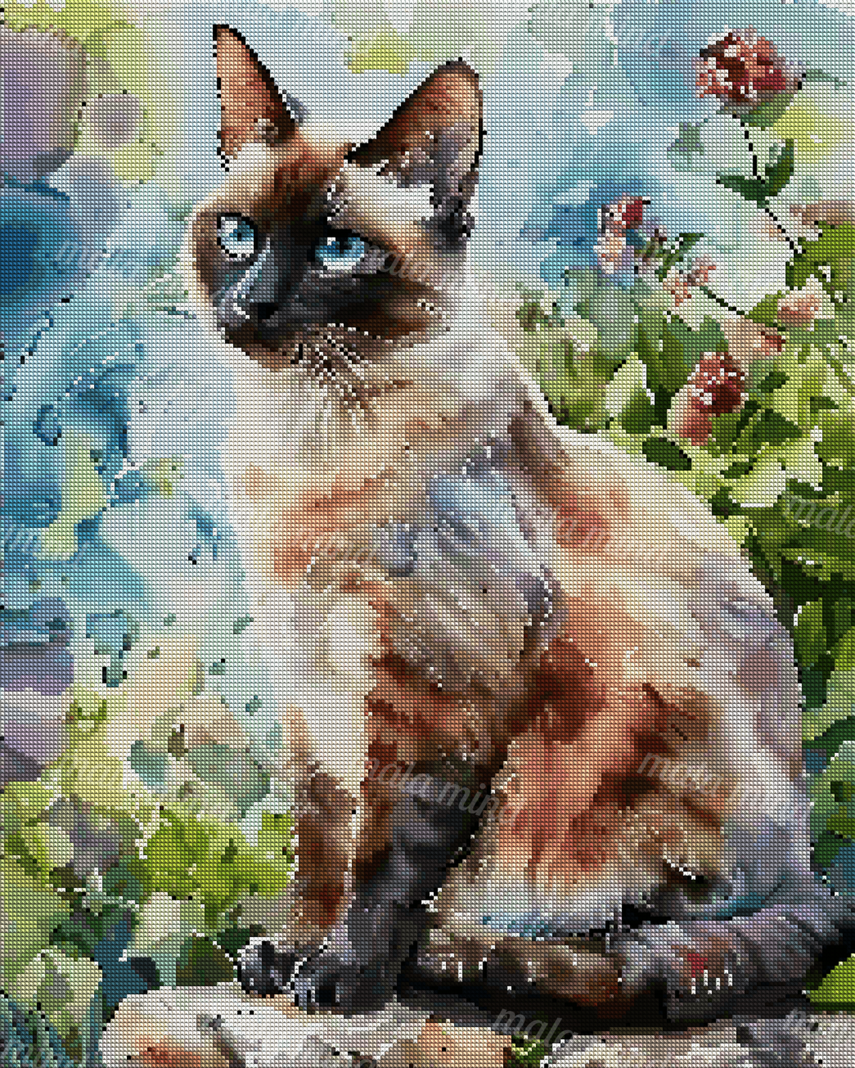 Watercolor-style Siamese cat with bright blue eyes seated among pink and purple flowers — 04_diamond_render