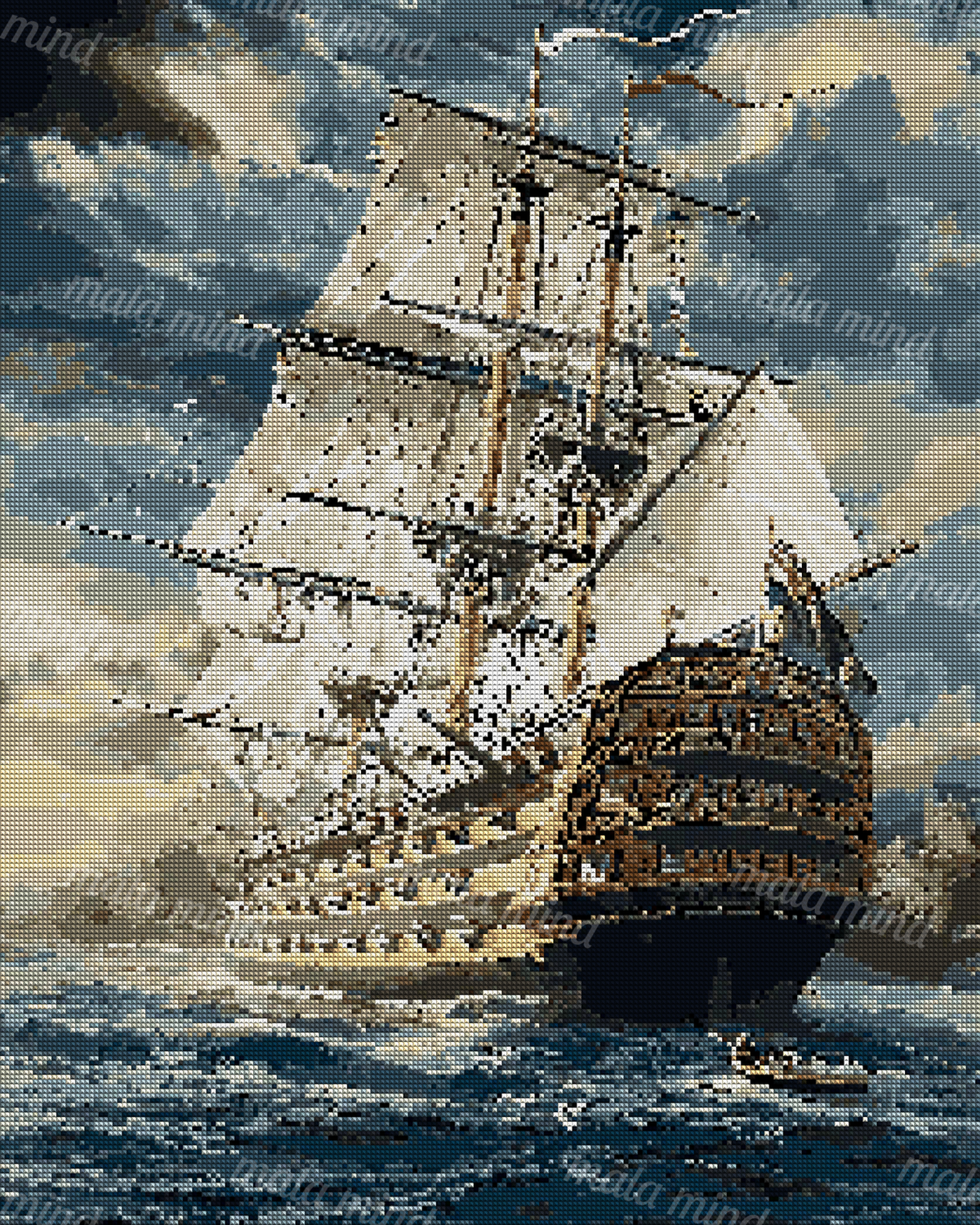 Ornate historic sailing ship with cream sails crossing choppy seas beneath a dramatic cloud-filled sky — 04_diamond_render
