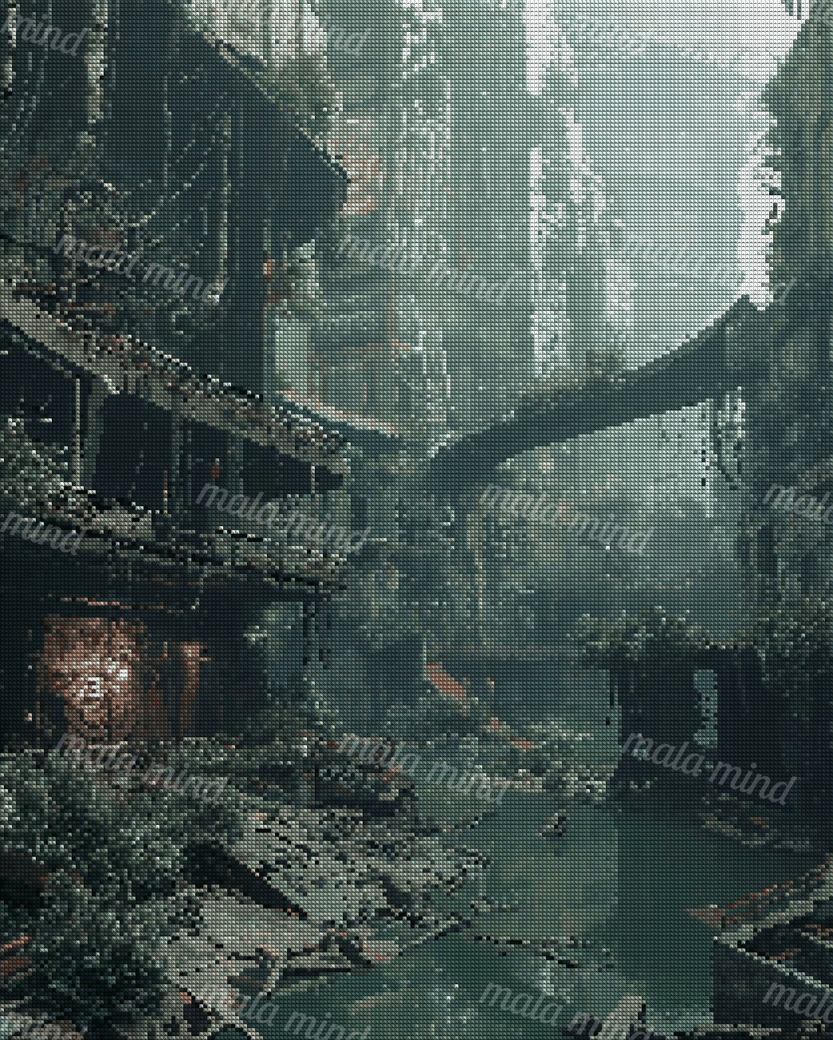Overgrown futuristic industrial city with a flooded canal, elevated walkway, pipes, vines, and reflected debris. — 04_diamond_render