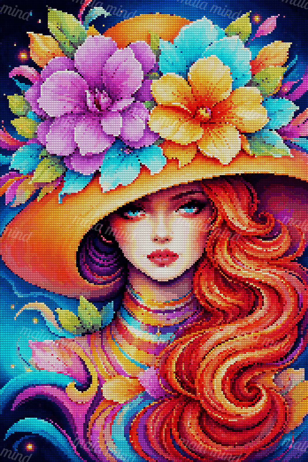 Colorful woman with flowing red-orange hair and a floral orange hat against a starry blue background — 04_diamond_render