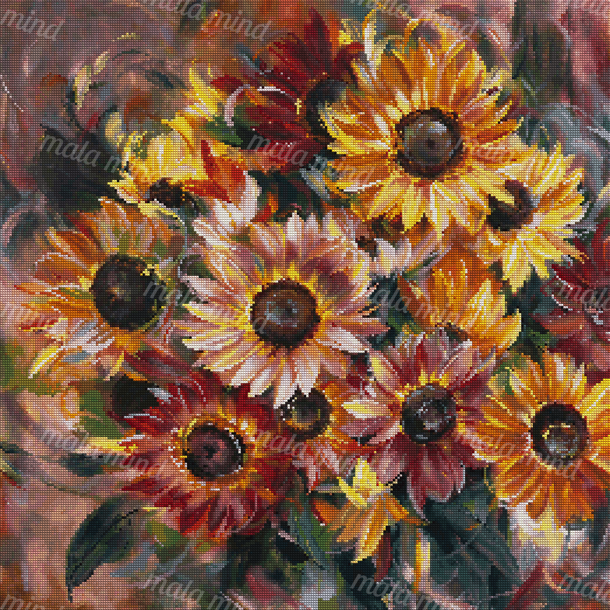 Painterly bouquet of sunflowers and red-orange flowers with dark centers and green leaves — 04_diamond_render