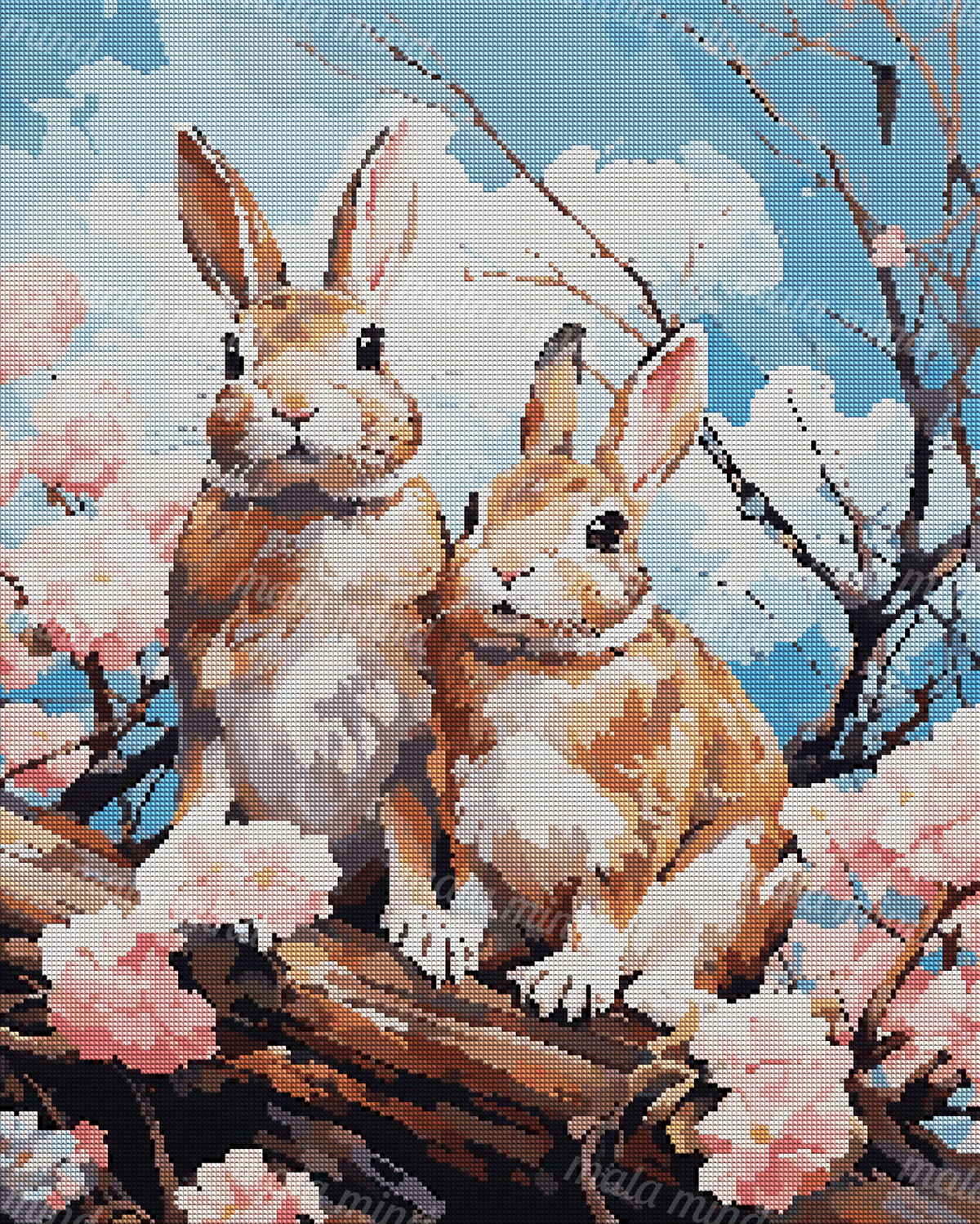 Two brown-and-white rabbits perched on a flowering branch beneath a blue sky with pink blossoms. — 04_diamond_render