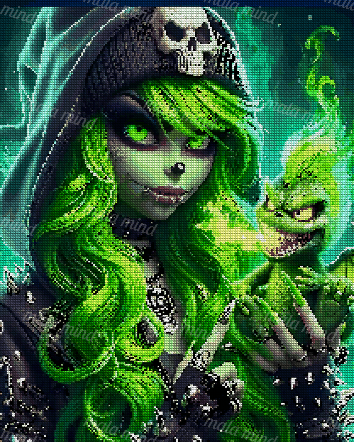 Hooded green-haired woman with glowing eyes and a grinning goblin-like creature in green smoke — 04_diamond_render