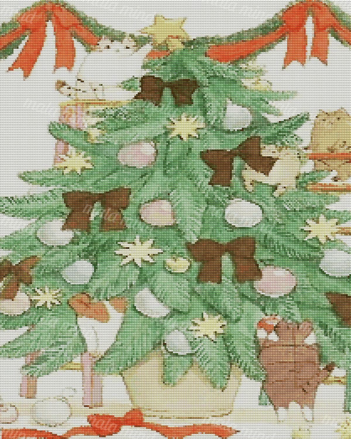 Whimsical Christmas tree decorated with ribbons and ornaments, surrounded by playful cats. — 04_diamond_render