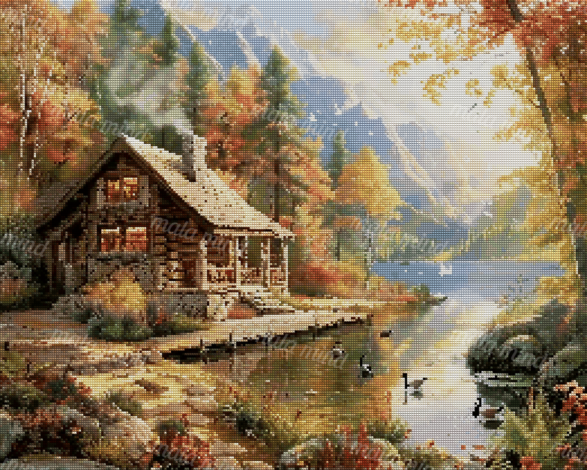 Rustic log cabin beside an autumn lake with waterfowl and snow-capped mountains — 04_diamond_render