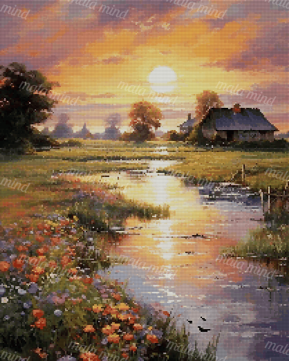 Painterly sunset landscape with a farmhouse, reflective pond, wildflowers, trees, and distant church steeple — 04_diamond_render