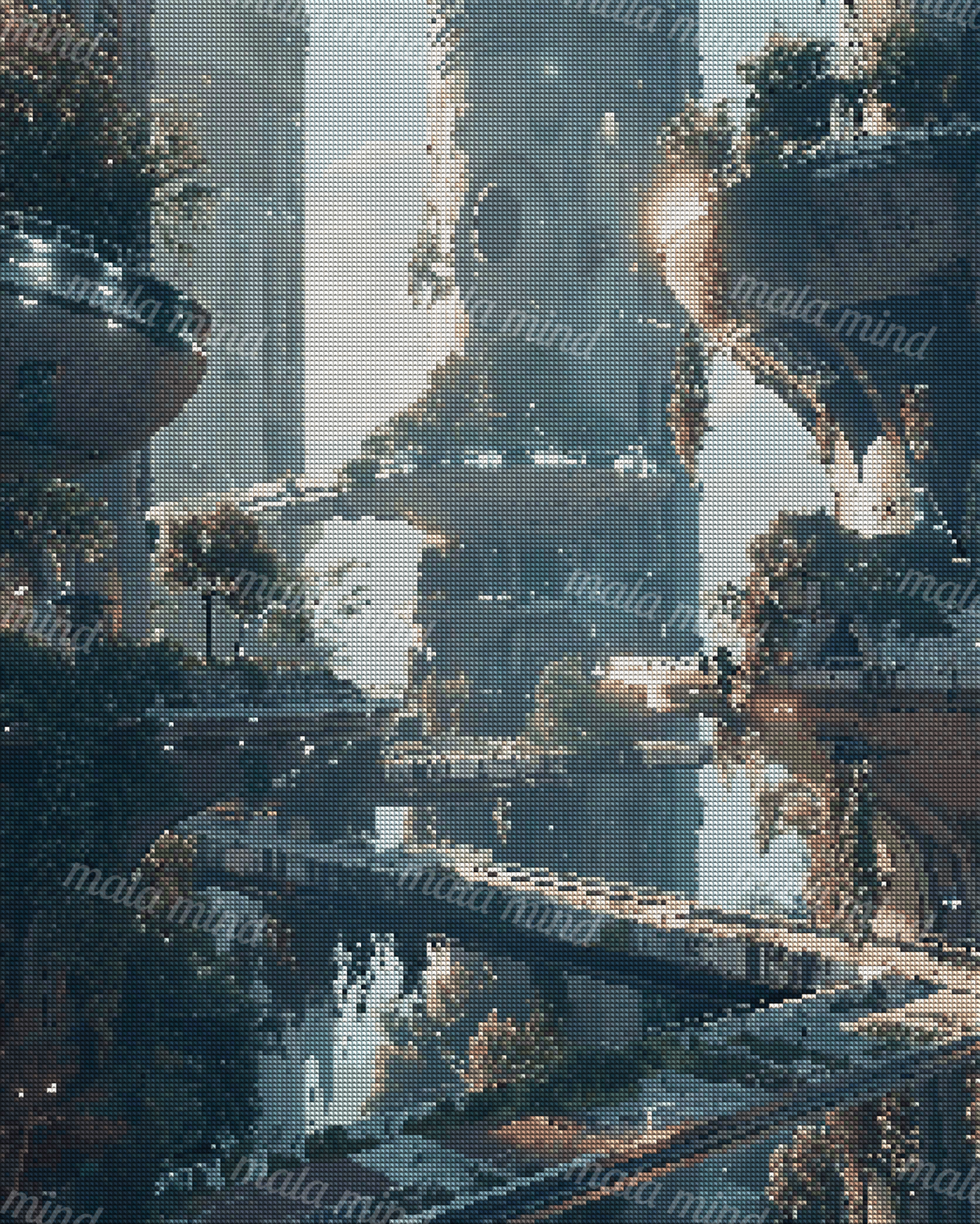 Futuristic cityscape with cylindrical towers, elevated bridges, greenery, and warm sunlight — 04_diamond_render