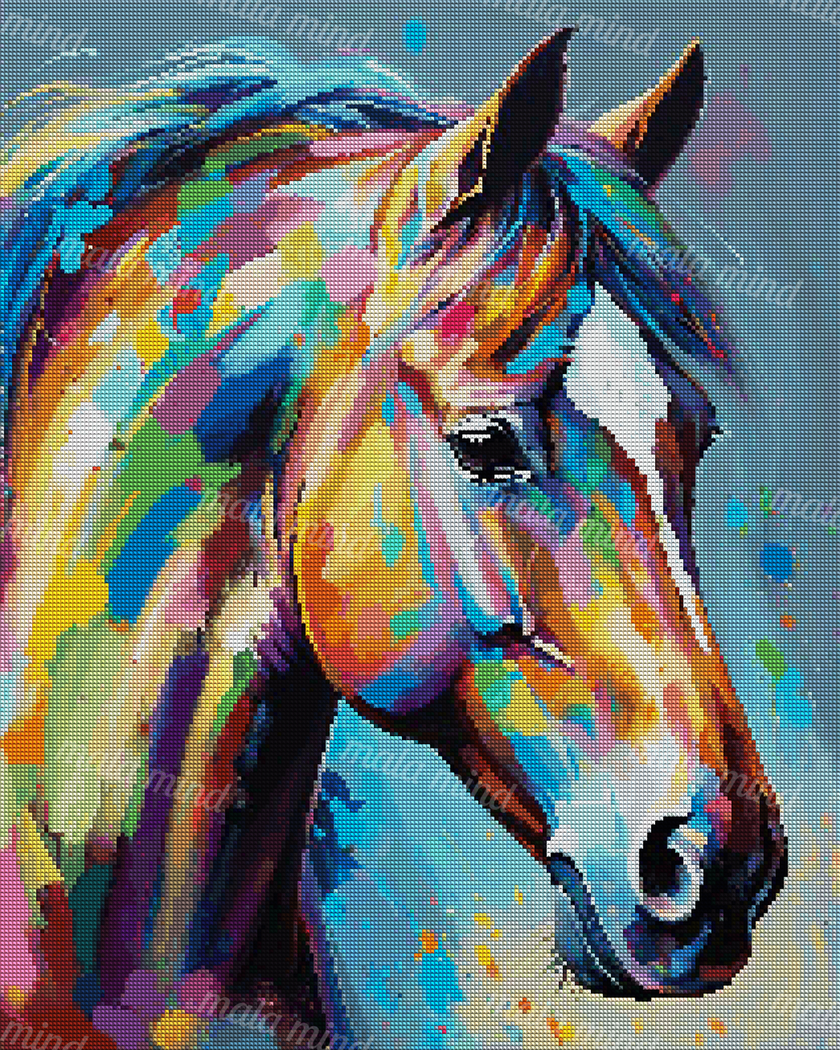 Colorful abstract close-up portrait of a horse with a flowing mane and bright painted brushstrokes. — 04_diamond_render