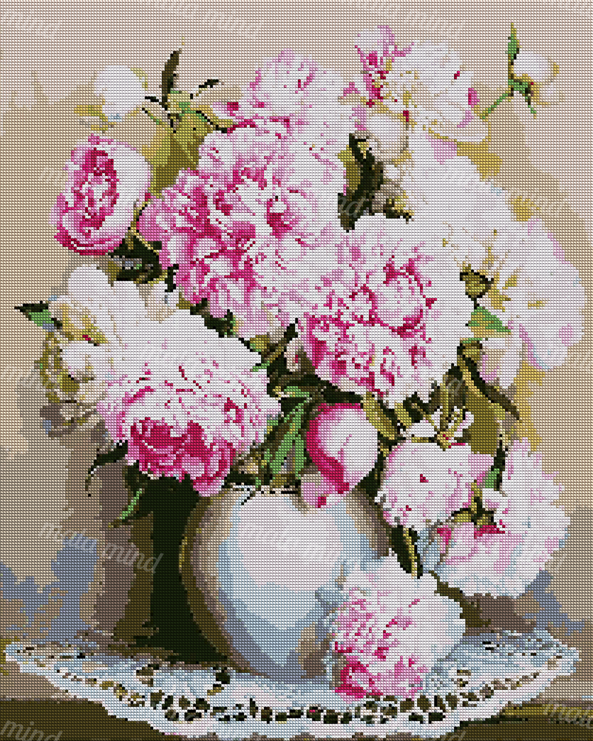Pink and white peony bouquet in a pale blue vase on a lace doily — 04_diamond_render