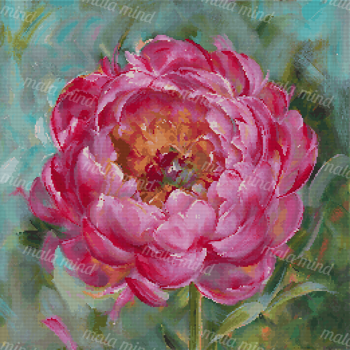 Close-up painterly pink peony with a yellow-orange center, green foliage, and turquoise background — 04_diamond_render