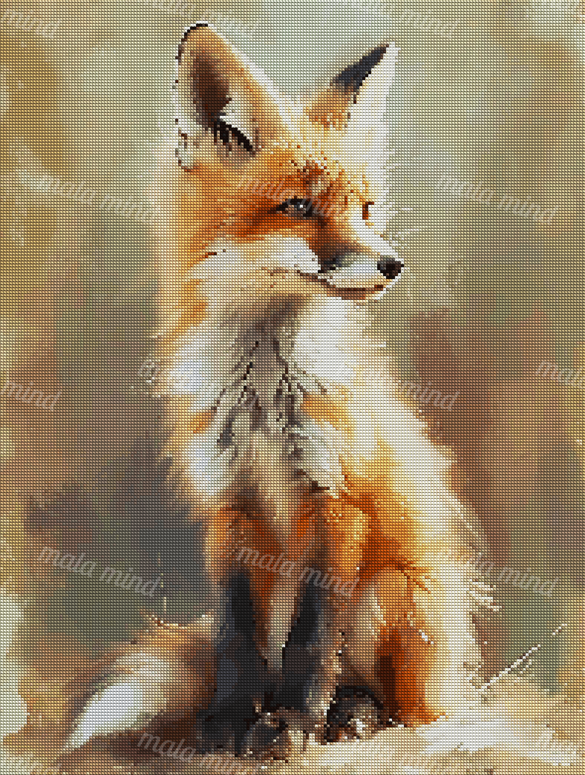 Seated red fox with bright eyes, upright ears, fluffy fur, and curled tail on a muted earthy background — 04_diamond_render