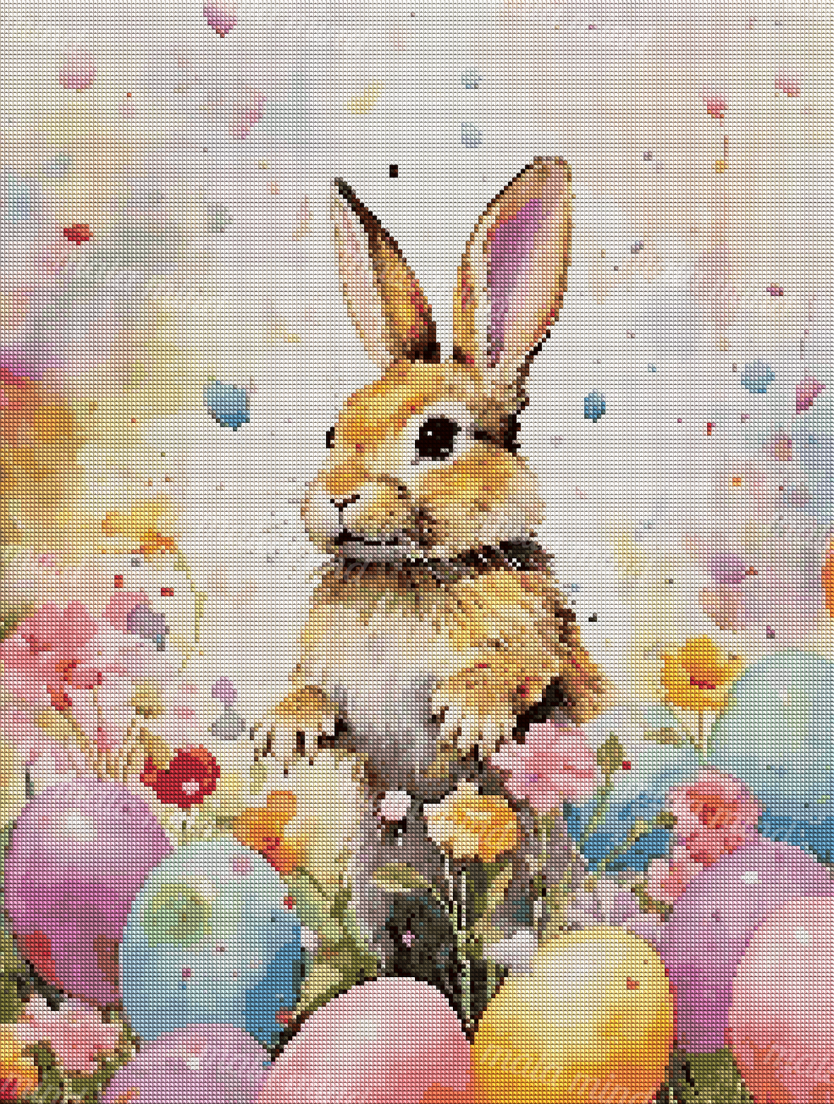 Watercolor rabbit surrounded by spring flowers and colorful pastel Easter eggs — 04_diamond_render