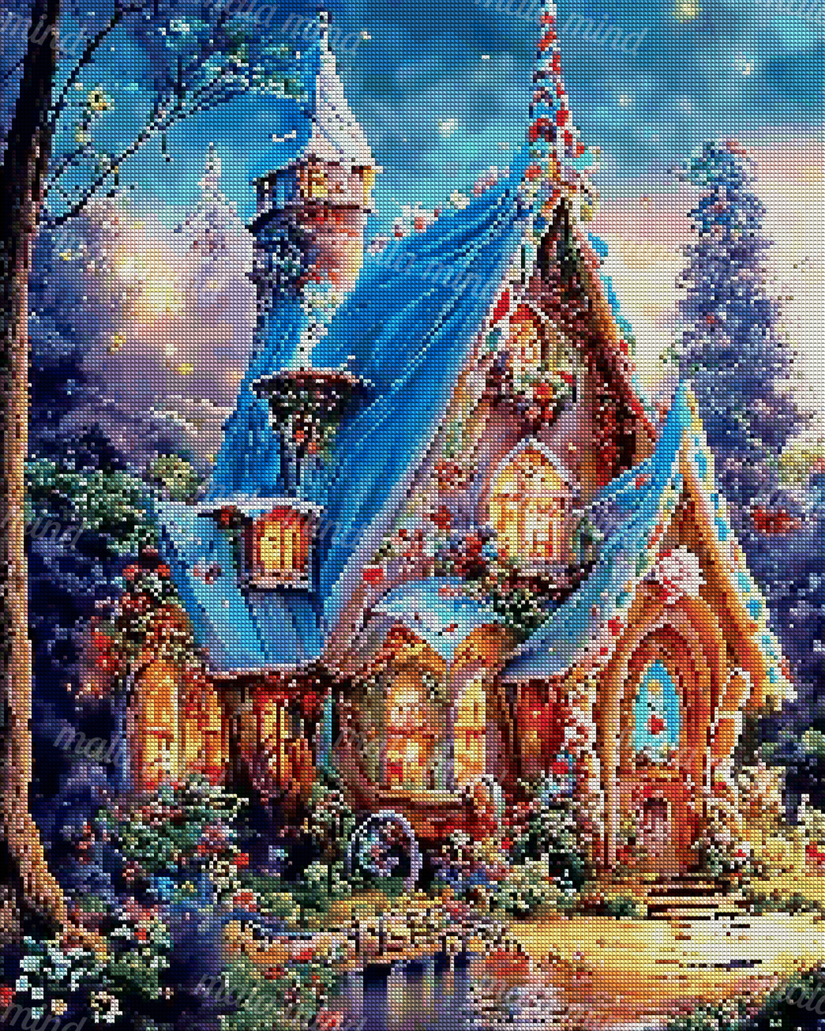 Fantasy cottage with blue towers, glowing windows, flower gardens, a pond, and a footbridge at twilight — 04_diamond_render