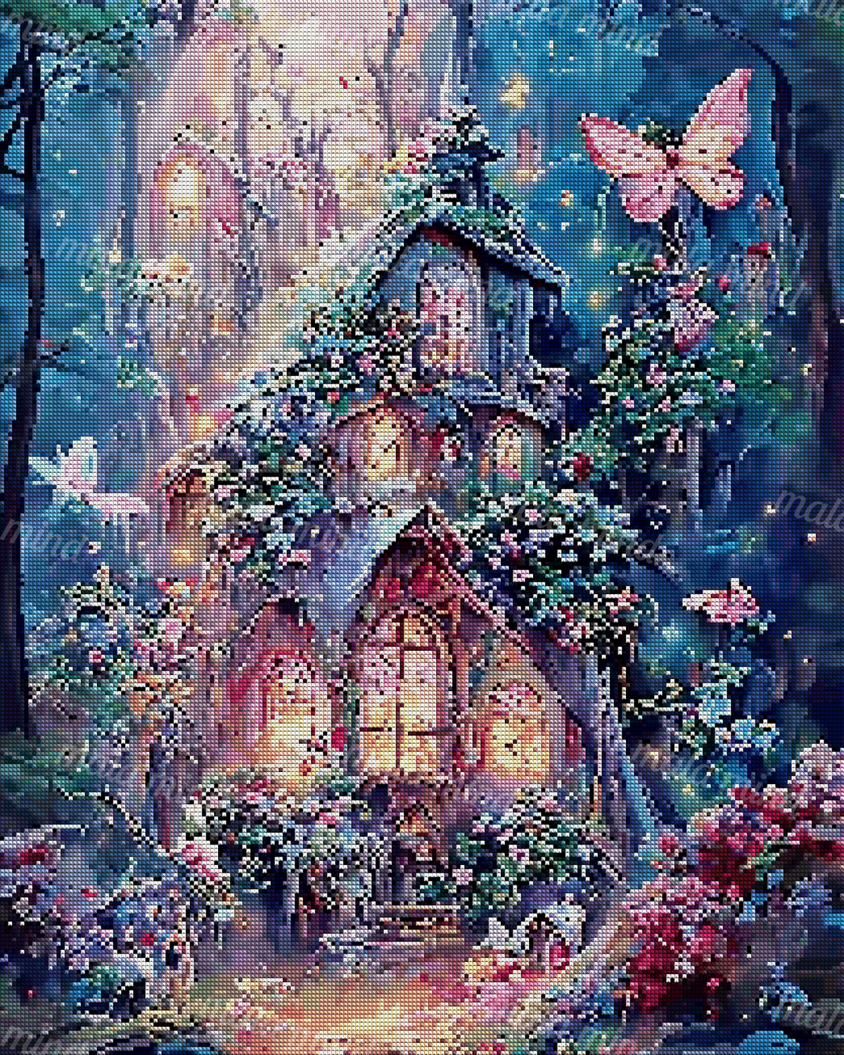 Flower-covered multi-level cottage with glowing windows, butterflies, and dense foliage in a blue-green forest. — 04_diamond_render