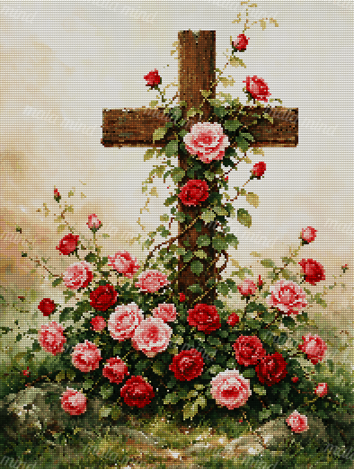 Wooden cross surrounded by red and pink climbing roses in a softly painted outdoor scene — 04_diamond_render