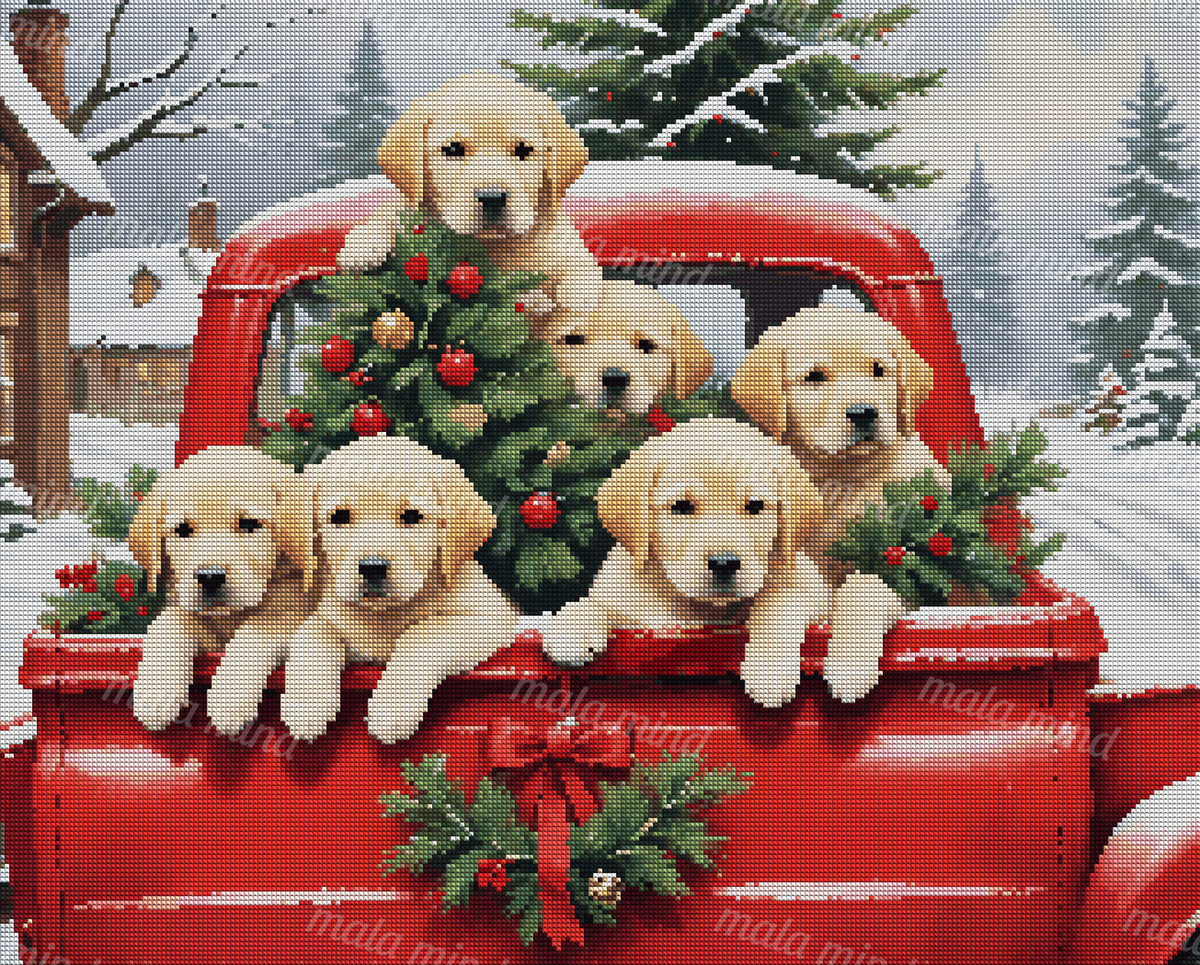 Six golden retriever puppies in a decorated red vehicle against a snowy Christmas village — 04_diamond_render