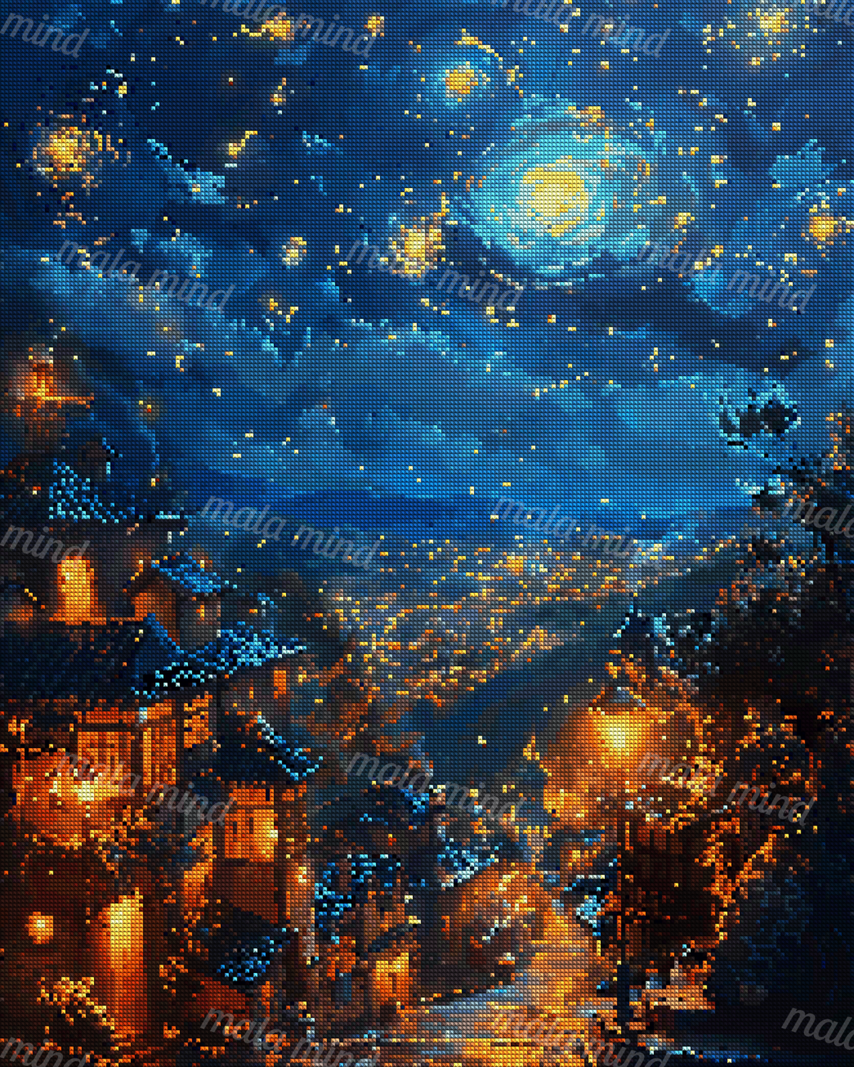 Lantern-lit village beneath a deep blue sky filled with stars and swirling luminous galaxies. — 04_diamond_render