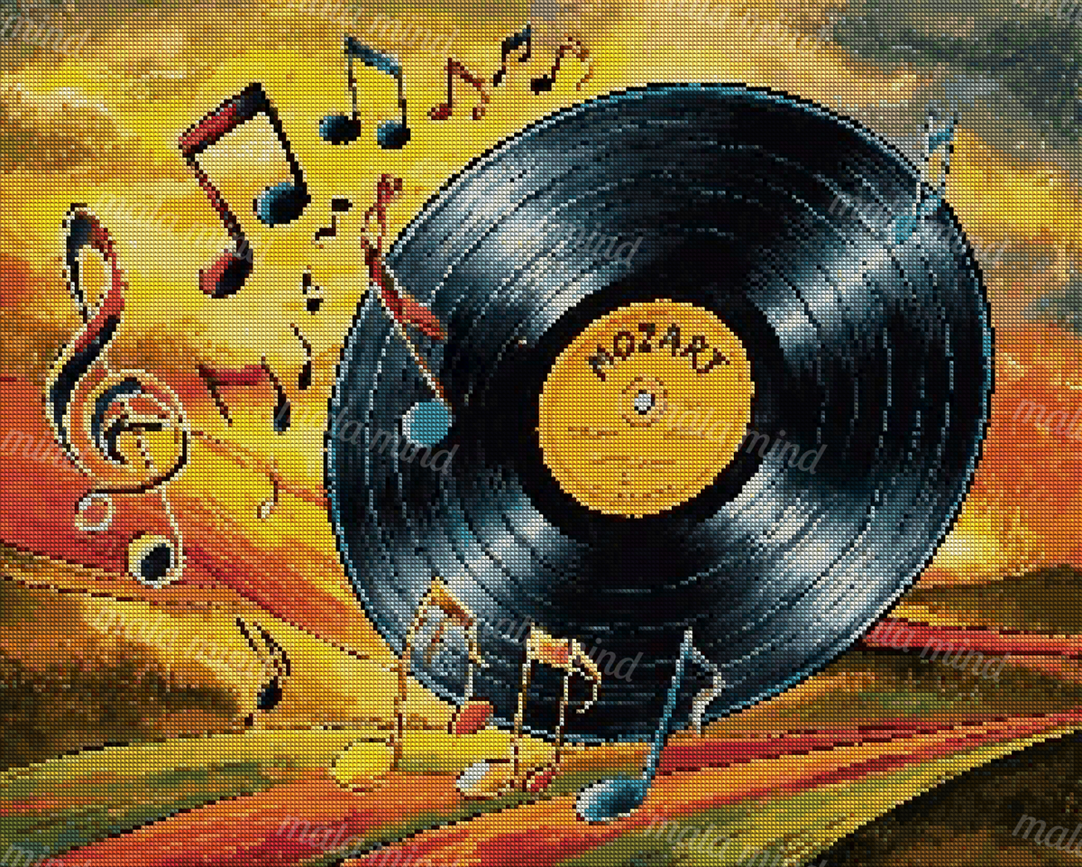 Black vinyl record with orange label surrounded by colorful musical notes and a treble clef — 04_diamond_render