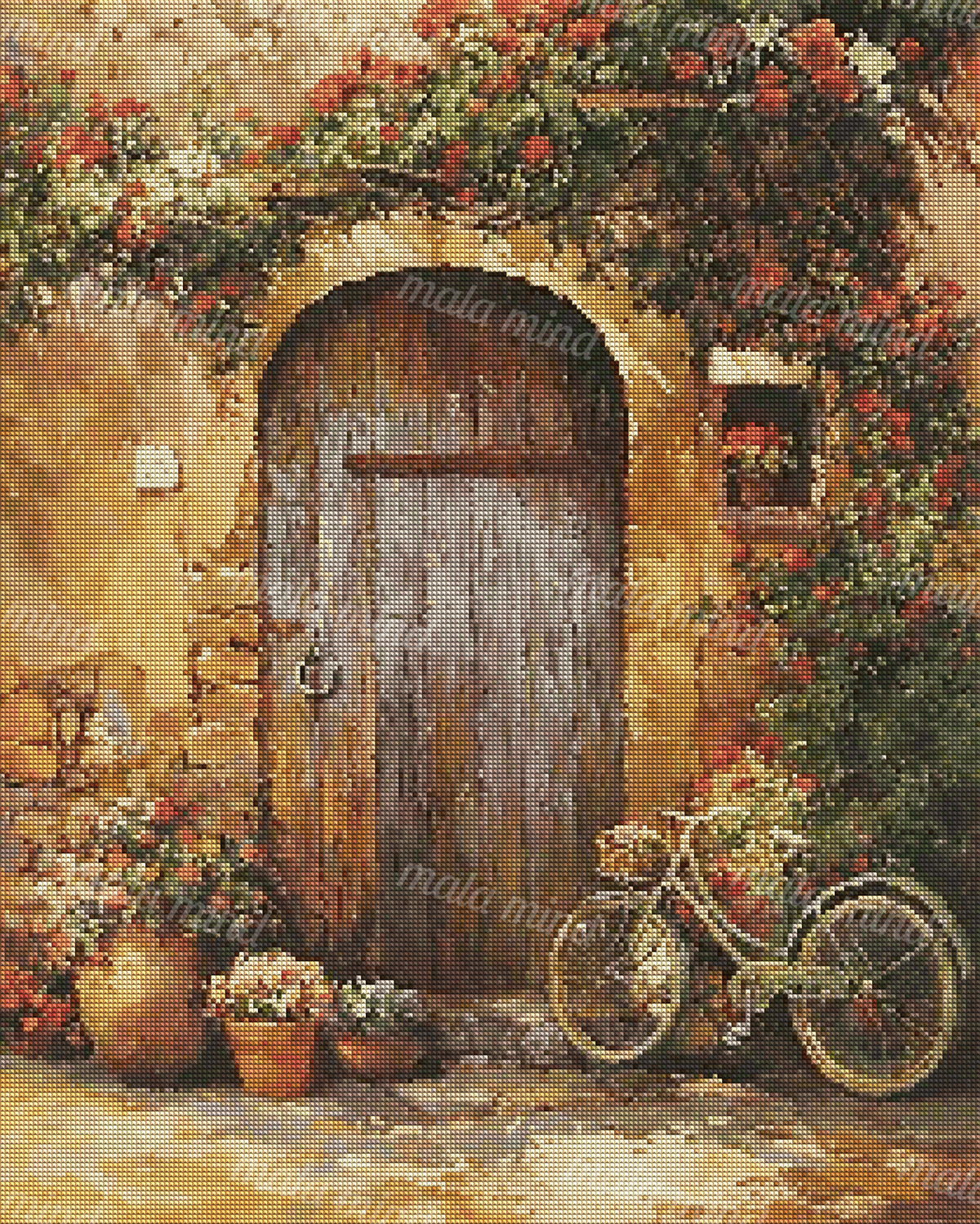 Painterly rustic arched doorway covered in flowers with a bicycle and potted plants — 04_diamond_render