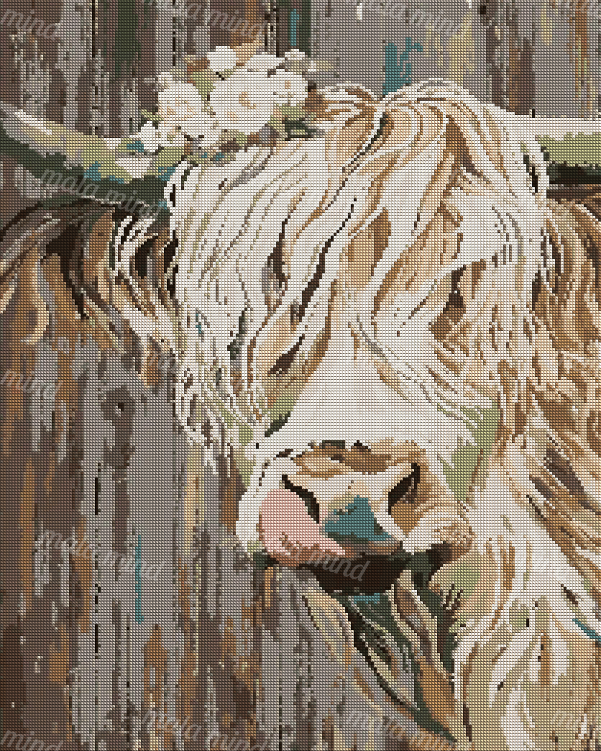 Shaggy cream Highland cow adorned with white flowers against a vertical forest backdrop — 04_diamond_render