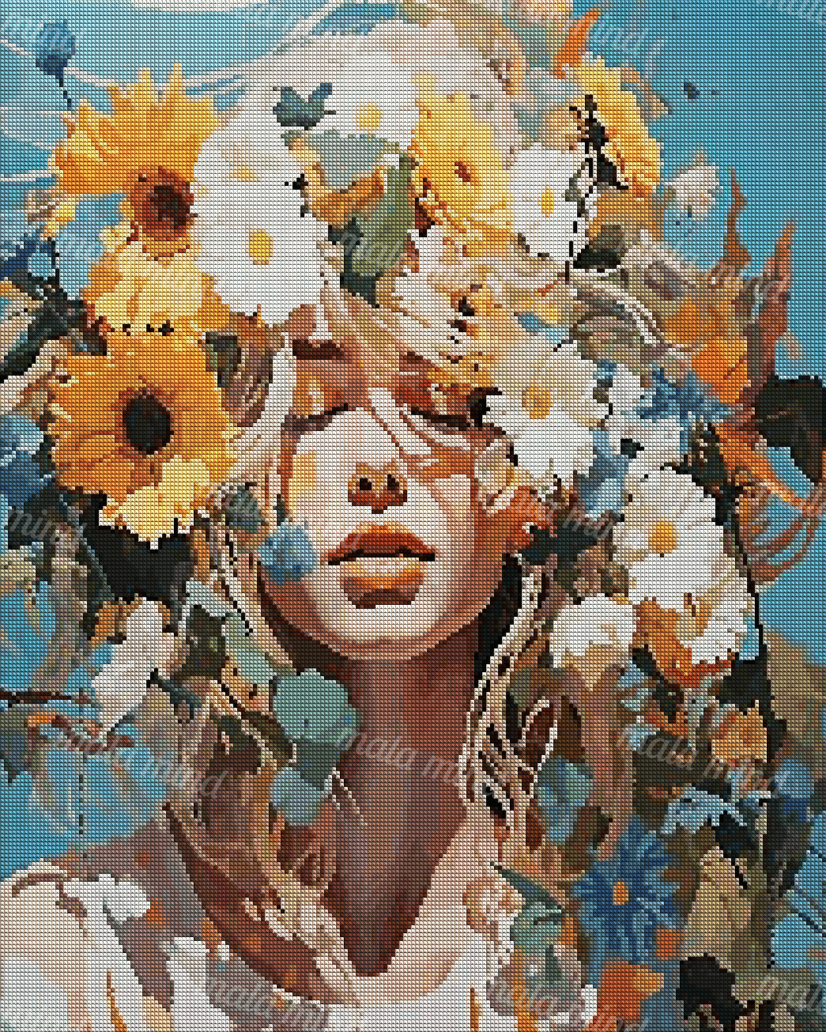 Stylized woman’s portrait surrounded by sunflowers, daisies, blue flowers, and green foliage — 04_diamond_render