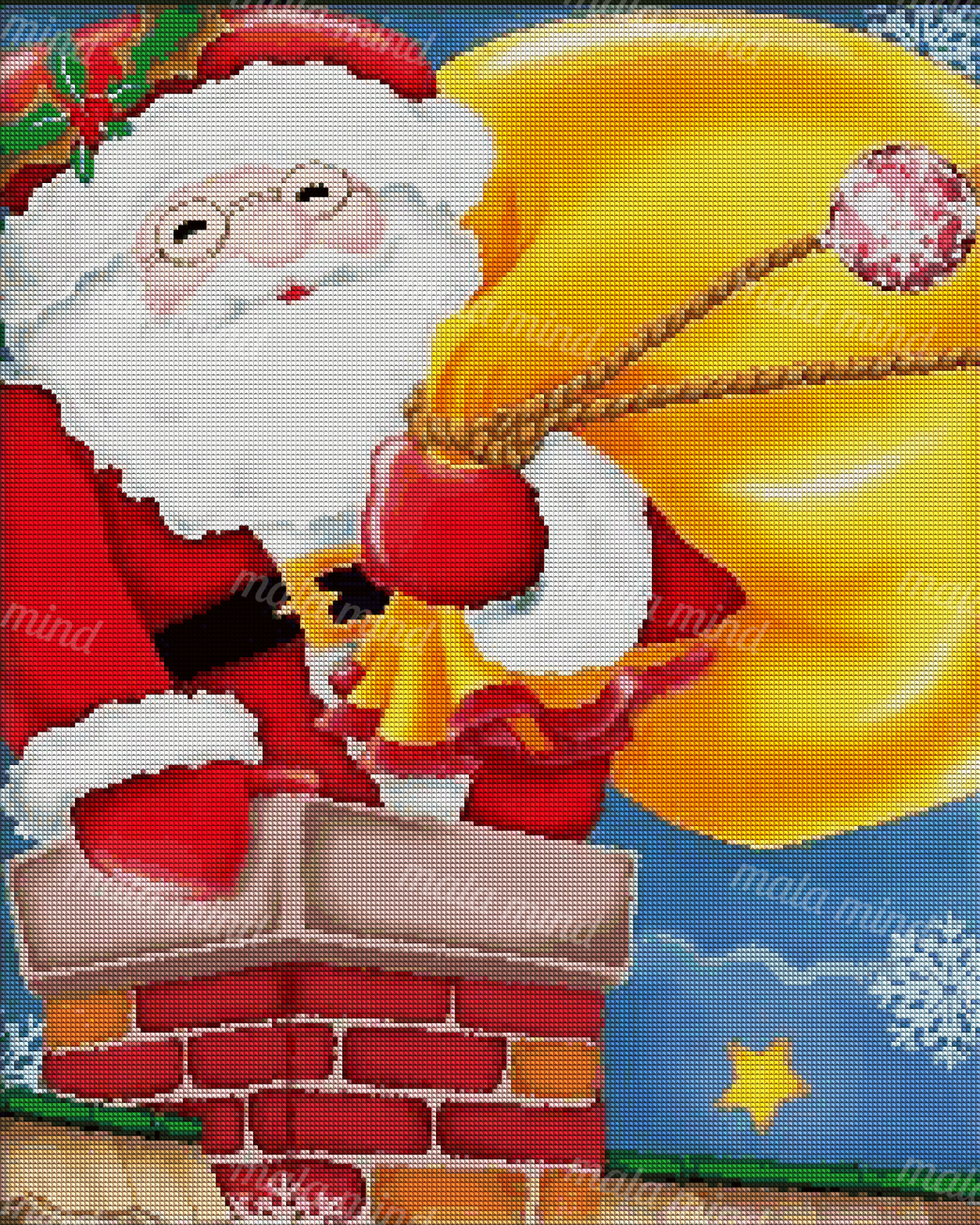 Cartoon Santa emerging from a brick chimney beside a large orange sack beneath a snowy blue sky. — 04_diamond_render